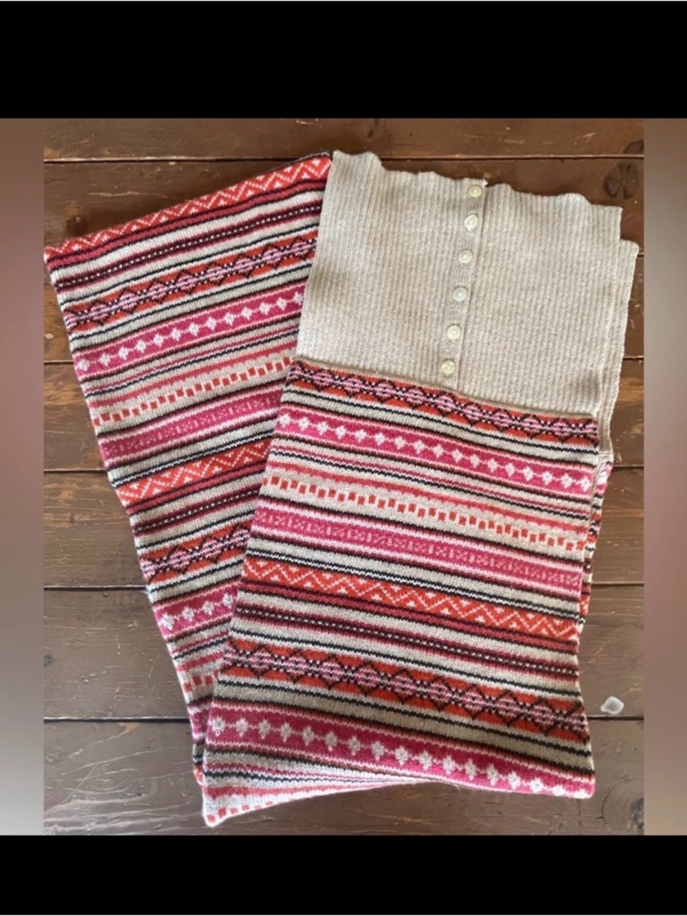 Lands' End Fair Isle Nordic Striped Button Knit Scarf Wool Blend Double Lined